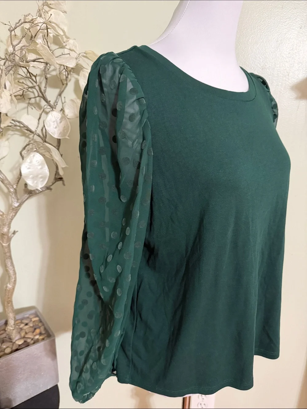 LOFT Dark Green Puff Sleeve Knit Top